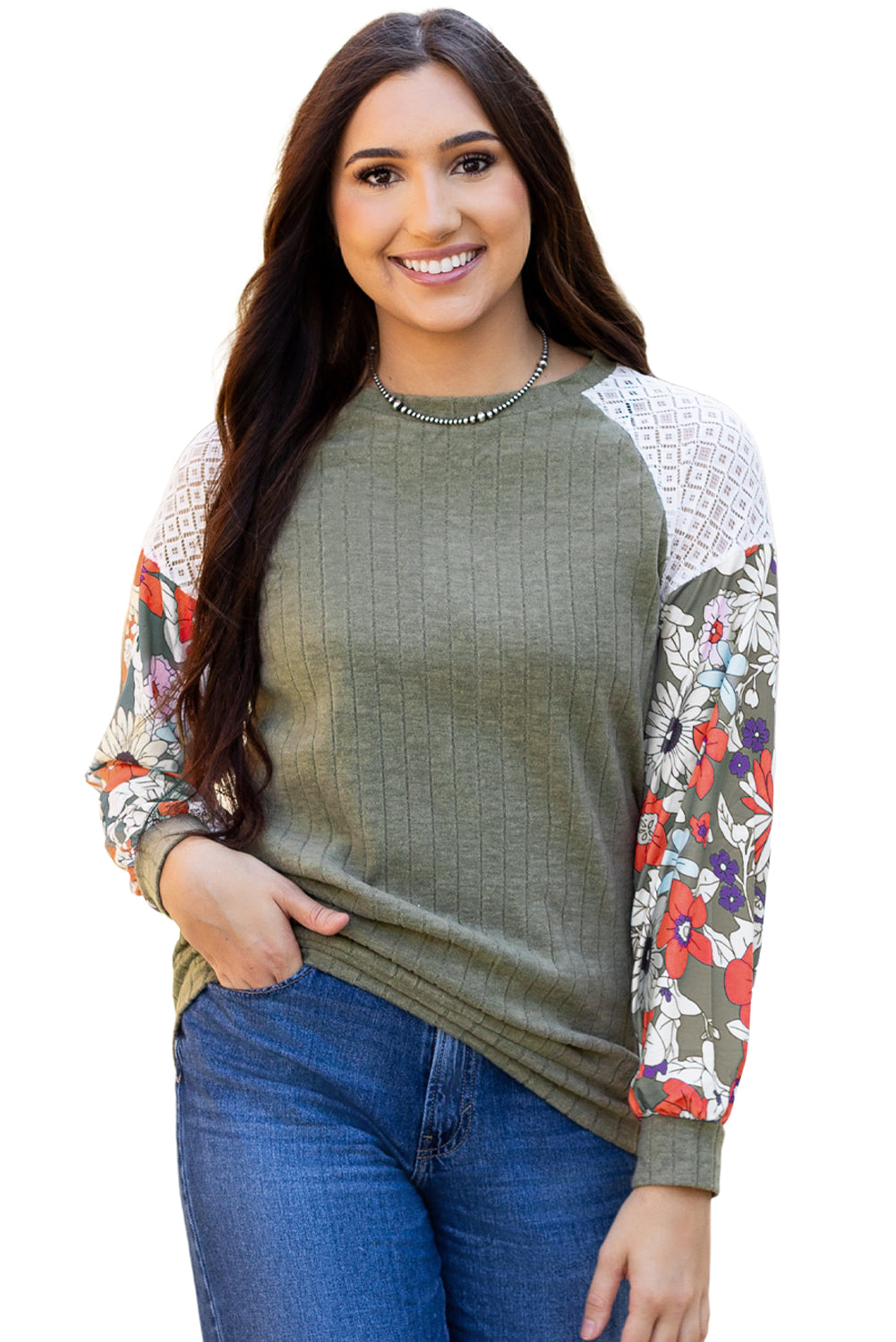 Laurel Green – Langärmlige, gerippte Bluse mit Blumen-Patchwork