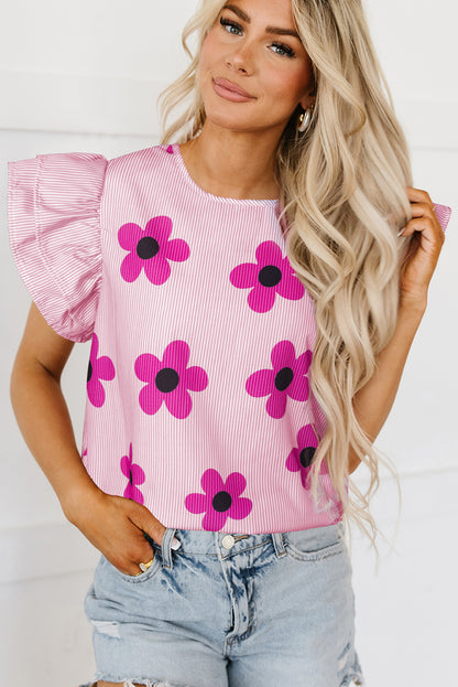 Rosa Bluse mit Nadelstreifen und Blumenmuster, Rüschen und Flatterärmeln