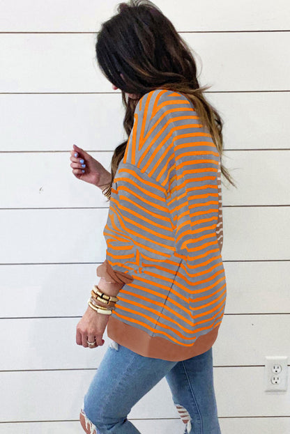 Braun gestreiftes, lässiges, gestreiftes Colorblock-Sweatshirt mit überschnittener Schulter
