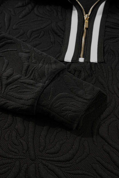 Schwarzes, strukturiertes Jacquard-Minikleid mit Viertelreißverschluss