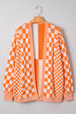 Orange Checkered Bubble Sleeve Drop Shoulder Open Cardigan