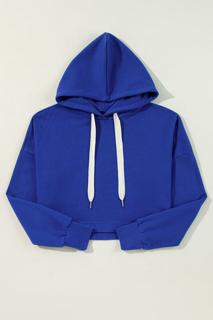 Dunkelblauer, einfarbiger, kurzer Hoodie mit überschnittener Schulterpartie und Kordelzug