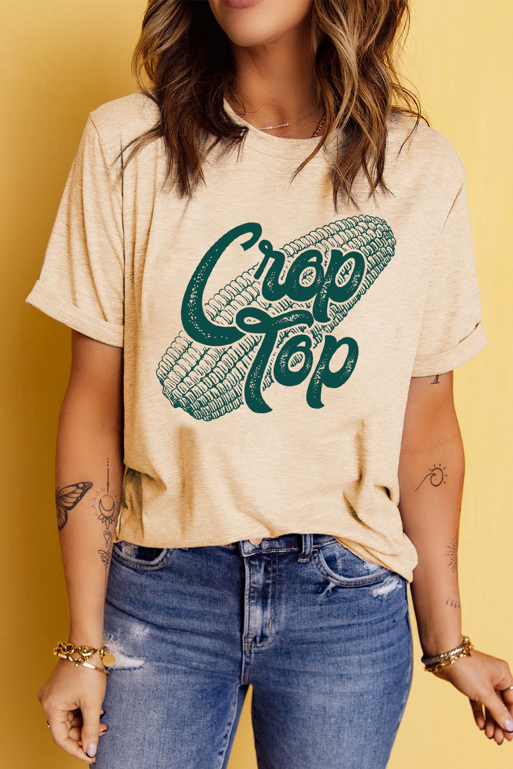 Khakifarbenes Crop-Top mit Mais-Grafik