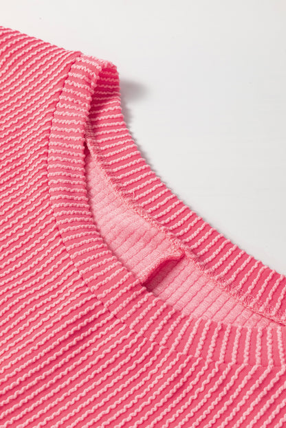 Peach Blossom – Geripptes, strukturiertes Langarm-T-Shirt in Übergröße