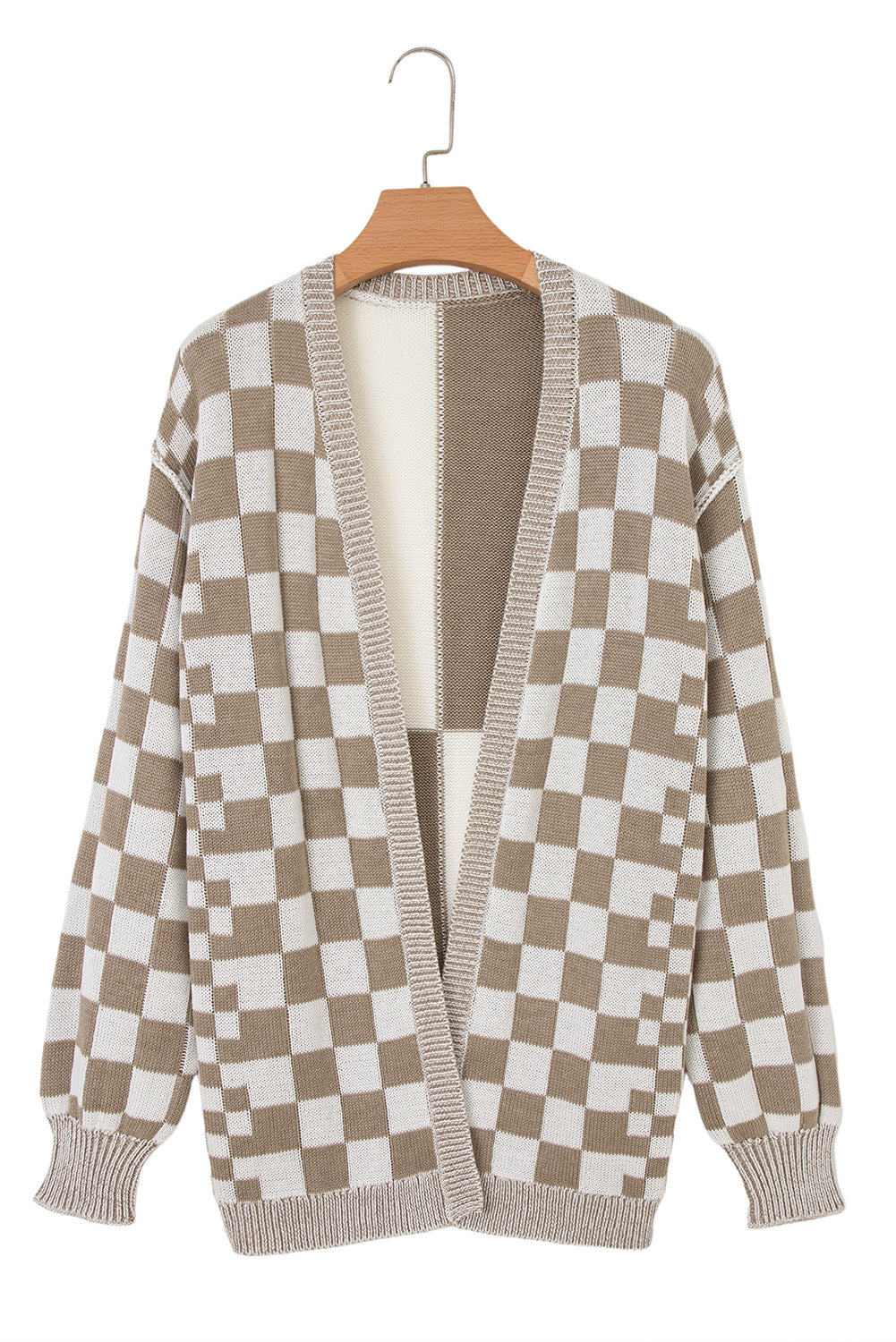 Brown Checkered Open Front Drop Shoulder Cardigan