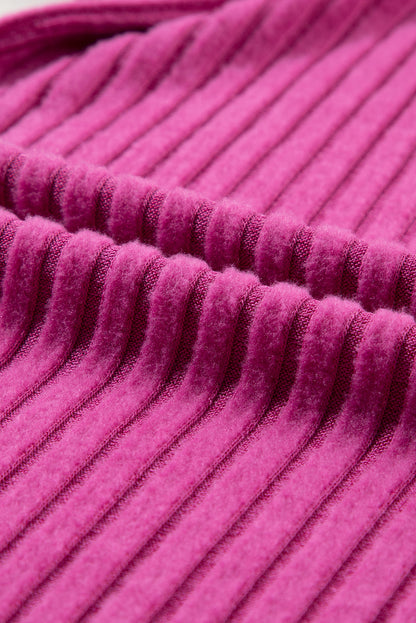 Rose Red Solid Color Ribbed Short Sleeve Wide Leg Jumpsuit