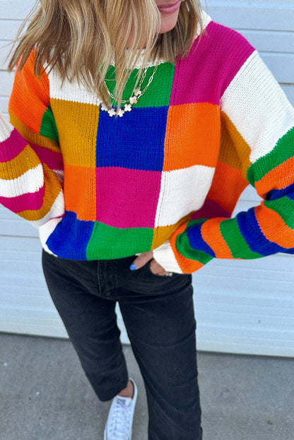 Orange karierter Farbblock-Pullover mit Rundhalsausschnitt und lockerem Schnitt