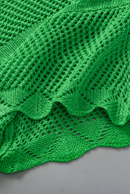 Grünes, kurzärmliges Pointelle-Stricktop mit Muschelsaum
