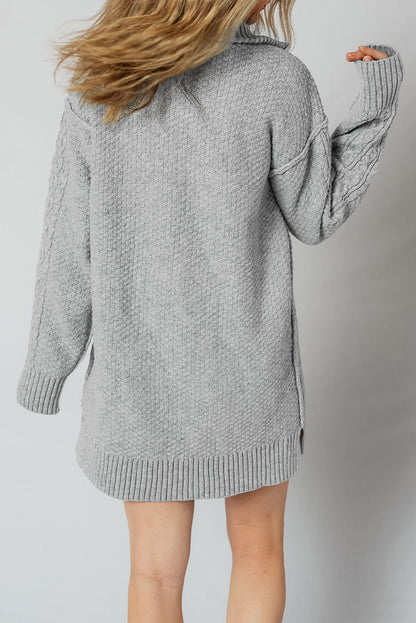 High Cable Knit Quarter Zip Ribbed Trim Loose Sweater Dress