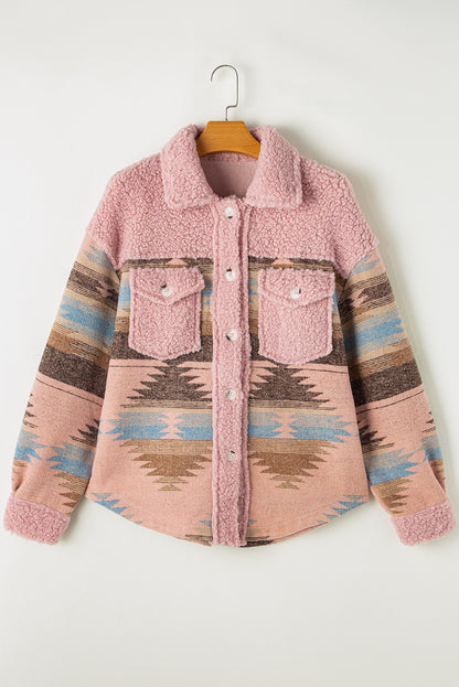 Rosa Sherpa-Mantel mit geknöpfter Pattentasche und Western-Aztekenmuster