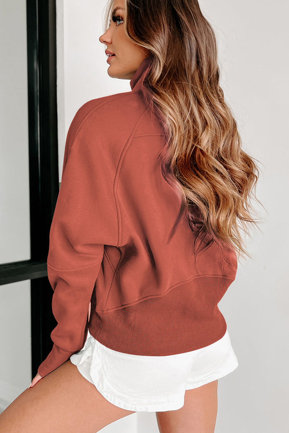 Flamingo Sweatshirt mit Stehkragen und Reißverschluss und Daumenlöchern an den Ärmeln