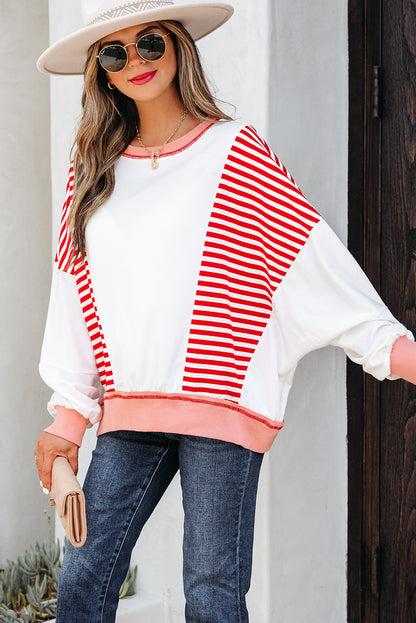 Red Stripe Colorblock Patchwork Contrast Stitching Oversize Sweatshirt