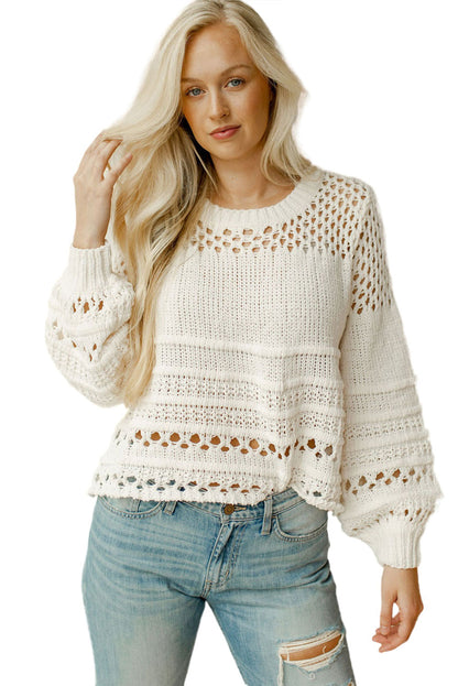 Weißer, einfarbiger Pointelle-Strickpullover mit Puffärmeln