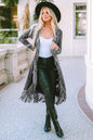 Schwarzer offener Cardigan mit Fransensaum und Taschen