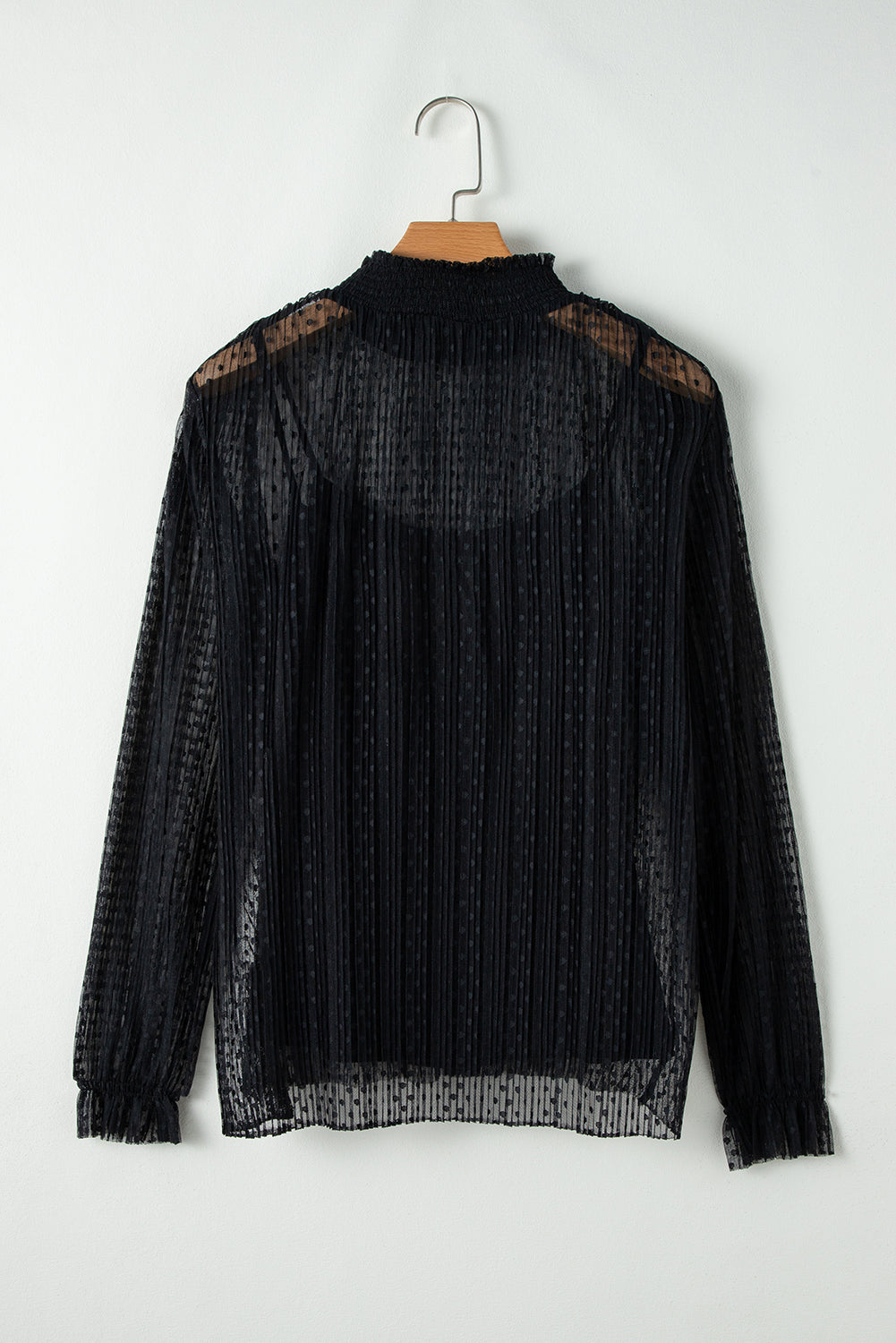 Schwarze Bluse mit transparenter Spitze und Stehkragen und langen Ärmeln