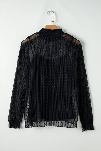 Schwarze Bluse mit transparenter Spitze und Stehkragen und langen Ärmeln