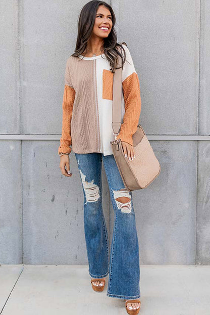 Oranges, langärmliges, strukturiertes Strickoberteil mit Colorblock-Brusttasche