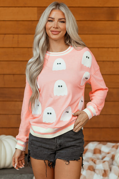 Gossamer Pink Halloween Terry Ghost Striped Trim Loose Sweatshirt