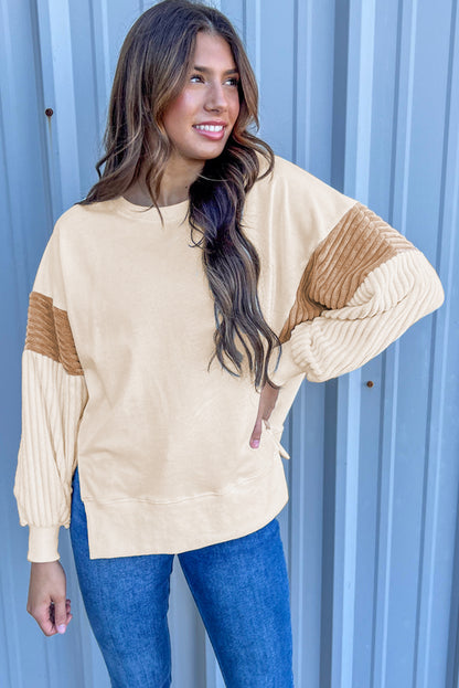 Aprikosenfarbenes Cord-Patchwork-Langarm-Sweatshirt mit überschnittener Schulter