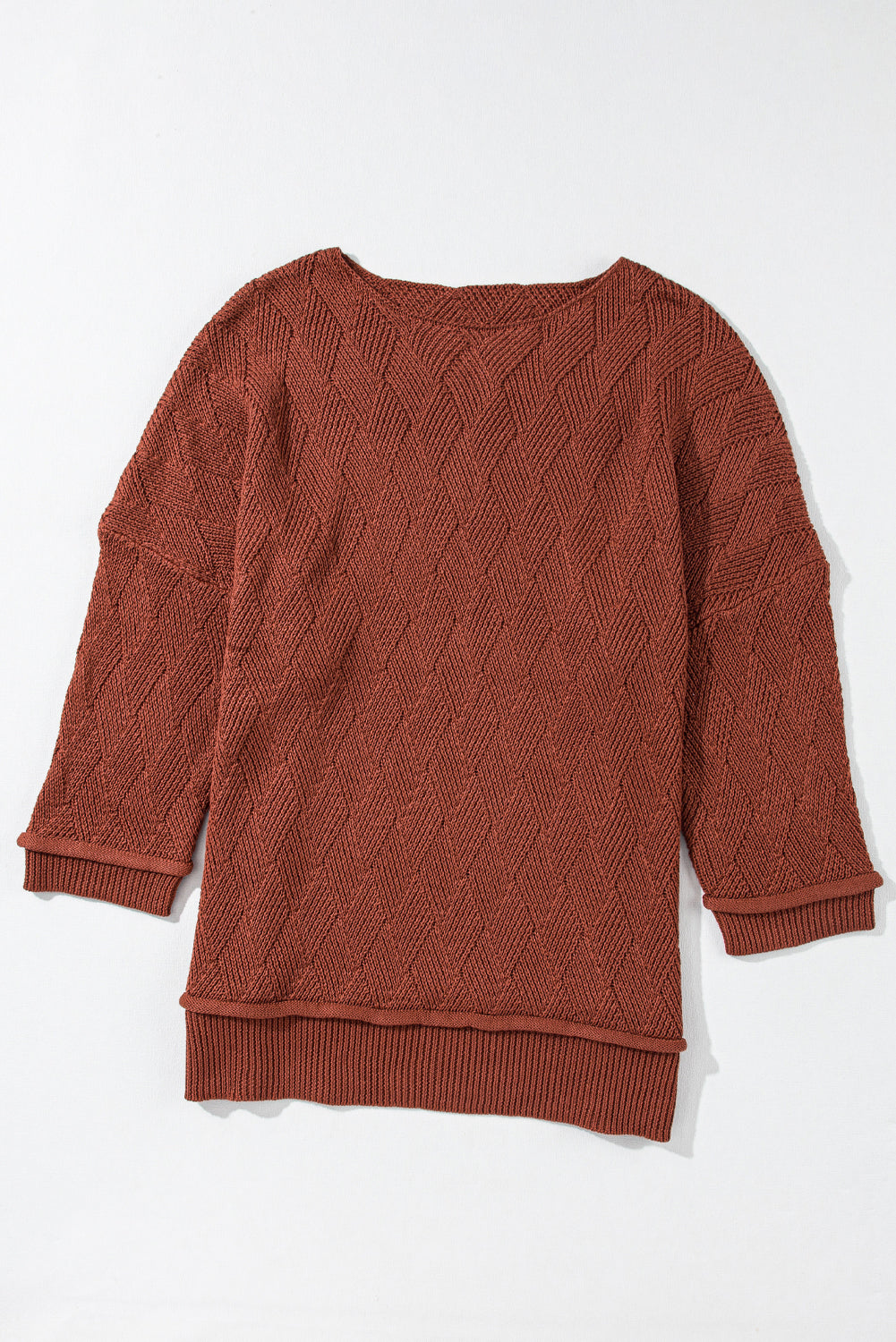 Gold Flame Einfarbig Strukturierter Lockerer Pullover mit Rundhalsausschnitt
