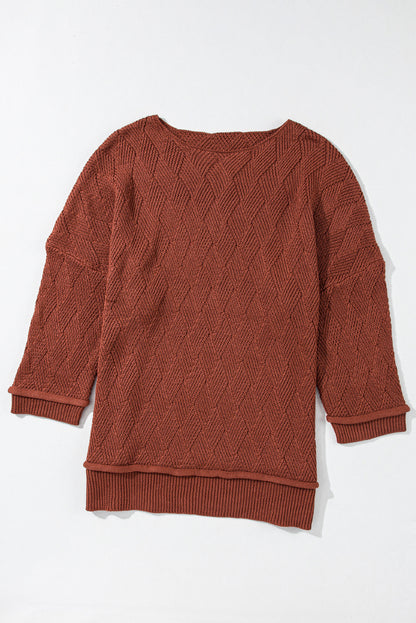 Gold Flame Einfarbig Strukturierter Lockerer Pullover mit Rundhalsausschnitt