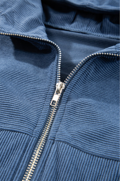 Echte blaugrüne Cordjacke mit Kordelzug, Kapuze und Reißverschluss