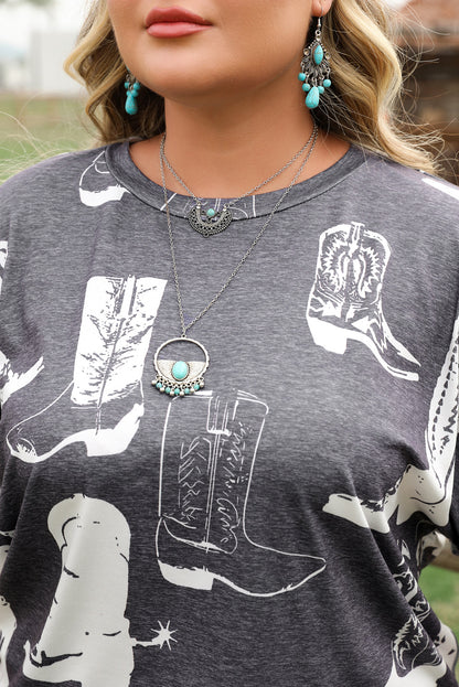 Graues T-Shirt mit Rundhalsausschnitt und Westernstiefel-Print in Übergröße