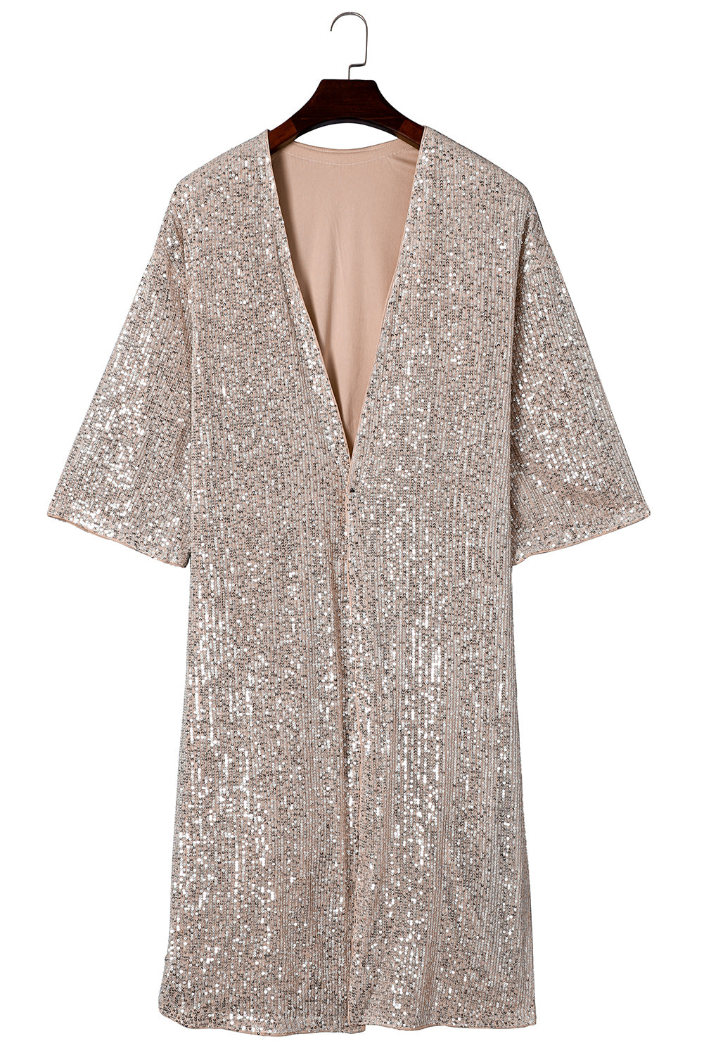 Aprikosenfarbener Kimono mit Pailletten und 3/4-Ärmeln und offener Vorderseite