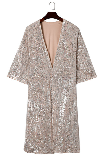 Aprikosenfarbener Kimono mit Pailletten und 3/4-Ärmeln und offener Vorderseite