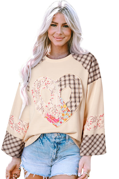 Beiges, kariertes, florales Langarm-Top mit Peace-Herz-Grafik