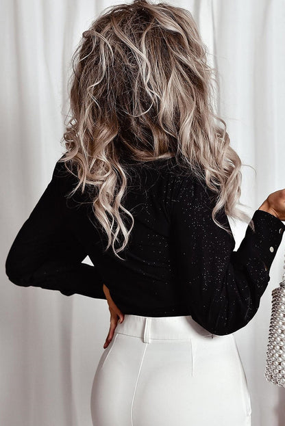 Schwarze Glitzer-Wickelbluse mit V-Ausschnitt, Bindesaum und Puffärmeln