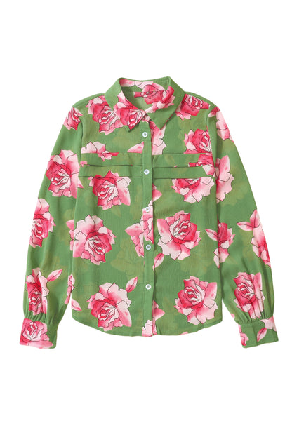 Grünes Hemd mit Puffärmeln und Blumenmuster