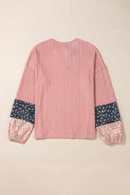 Altrosa Bluse mit V-Ausschnitt und floralem Patchwork-Muster und Kordelzug