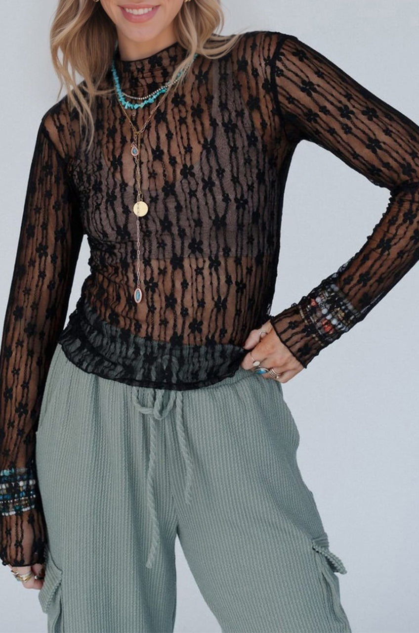 Schwarzes, langärmliges Slim-Fit-Top mit transparenter Blumenspitze