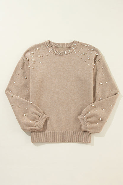 Rauchgrauer Pullover mit Perlenbesatz und überschnittener Schulterpartie und Rundhalsausschnitt