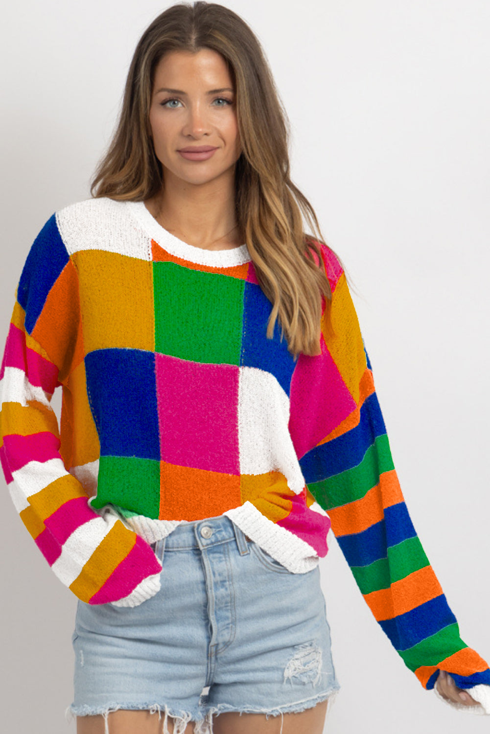 Orange karierter Farbblock-Pullover mit Rundhalsausschnitt und lockerem Schnitt