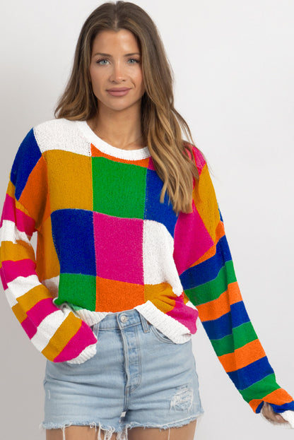 Orange karierter Farbblock-Pullover mit Rundhalsausschnitt und lockerem Schnitt