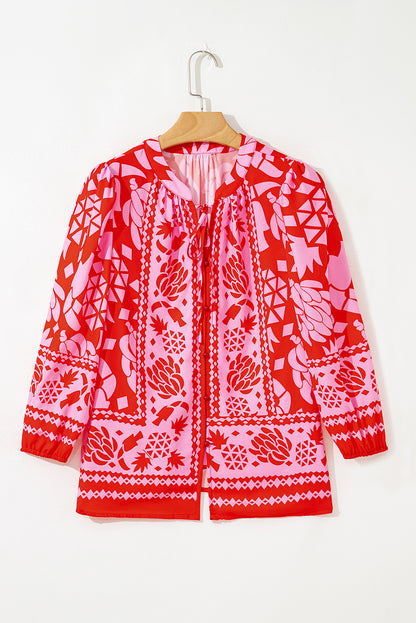 Strawberry Pink Abstract Floral Print Tie Neck Button Decor 3/4 Sleeve Blouse