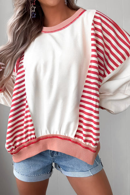 Red Stripe Colorblock Patchwork Contrast Stitching Oversize Sweatshirt