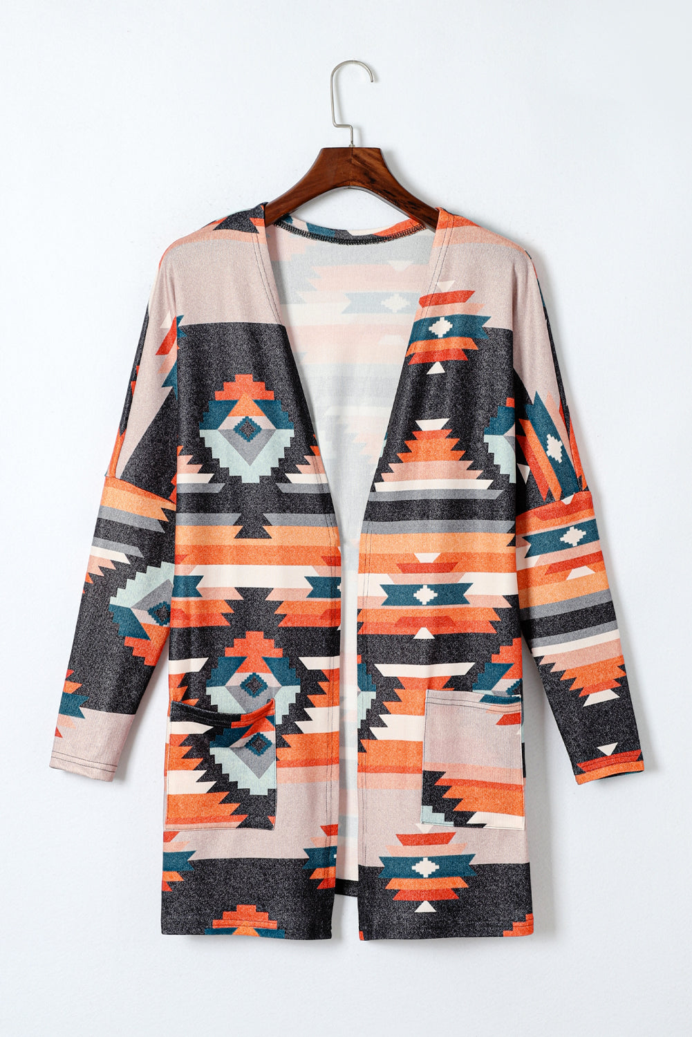 Orangefarbene Strickjacke mit Western-Tribal-Aztekenmuster