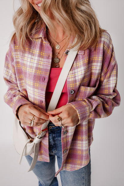 Rosa, langärmlige Hemdjacke mit Brusttasche und Karomuster
