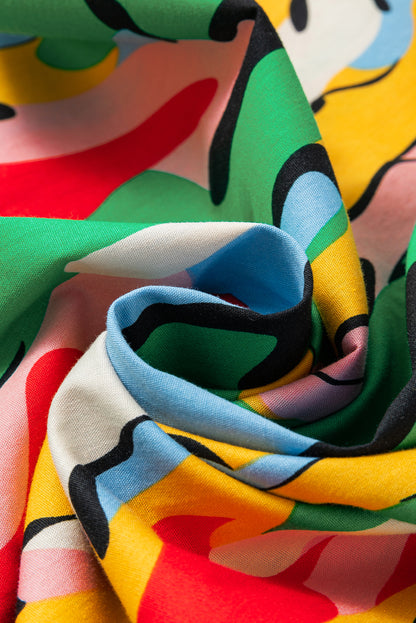 Grünes Minikleid mit abstraktem Print, Rüschenkragen und Rüschenärmeln