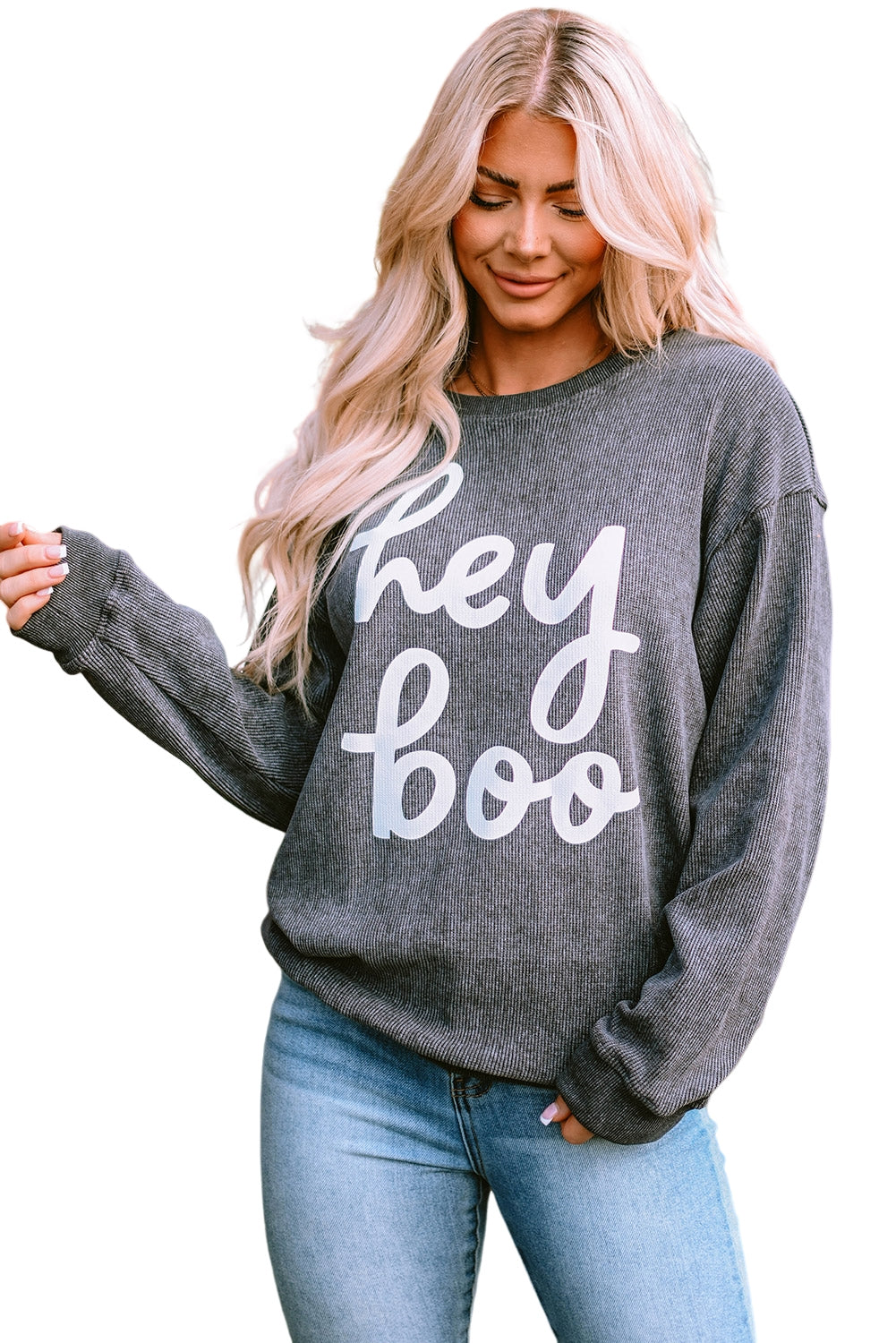 Graues Halloween-Sweatshirt mit „Hey Boo“-Grafik und Kordel