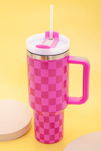 Edelstahlbecher mit Griff und Karomuster in leuchtendem Pink, 1,2 l