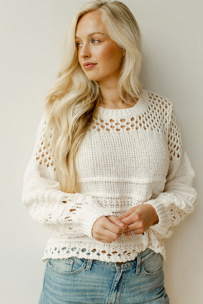 Weißer, einfarbiger Pointelle-Strickpullover mit Puffärmeln