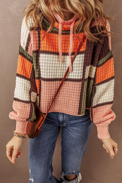 Oranger Rollkragenpullover mit Waffelstrick und Kordelzug in Farbblock-Optik