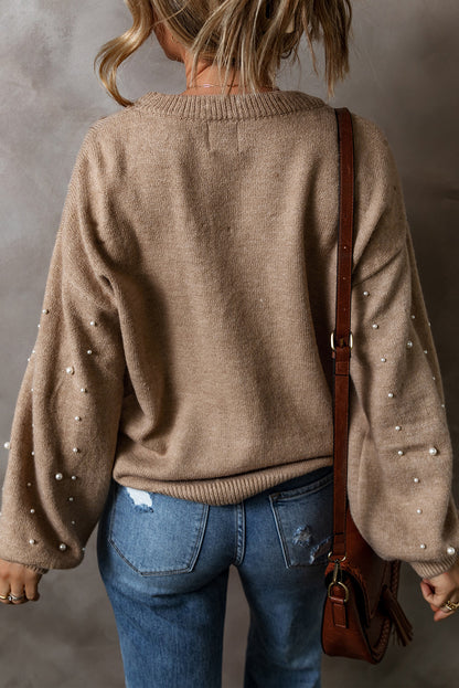 Rauchgrauer Pullover mit Perlenbesatz und überschnittener Schulterpartie und Rundhalsausschnitt