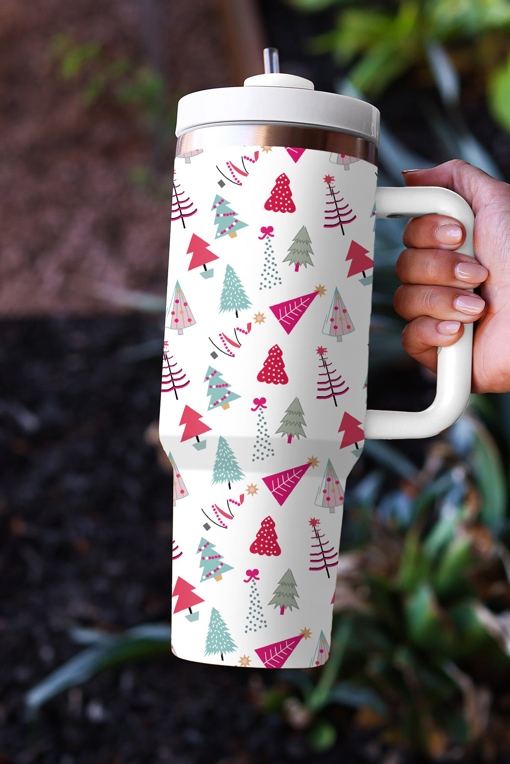 Weißer Thermobecher mit Cartoon-Weihnachtsbaum-Aufdruck, 1,2 l