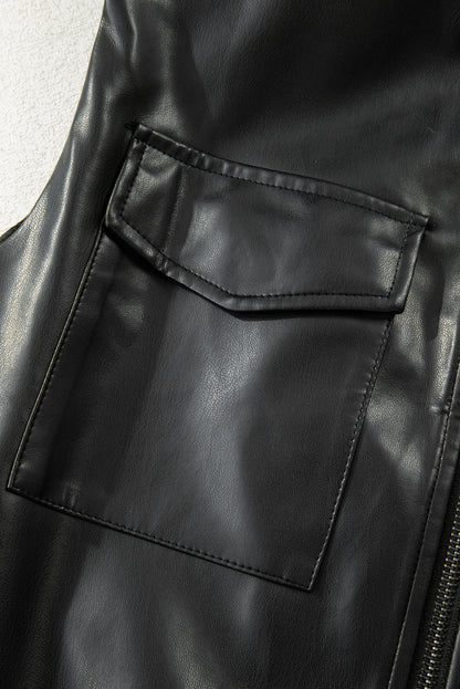 Black Double Flap Pocket Faux Leather Zip Up Stand Neck Vest
