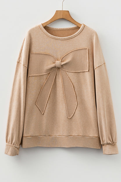 Light French Beige Mineral Wash Big Bow Patchwork Pullover Sweatshirt